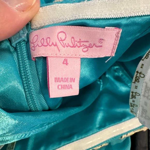 Lilly Pulitzer Jillie Strapless Dress in Teal with Cream/Gold Applique Size 4‎ - Picture 5 of 10